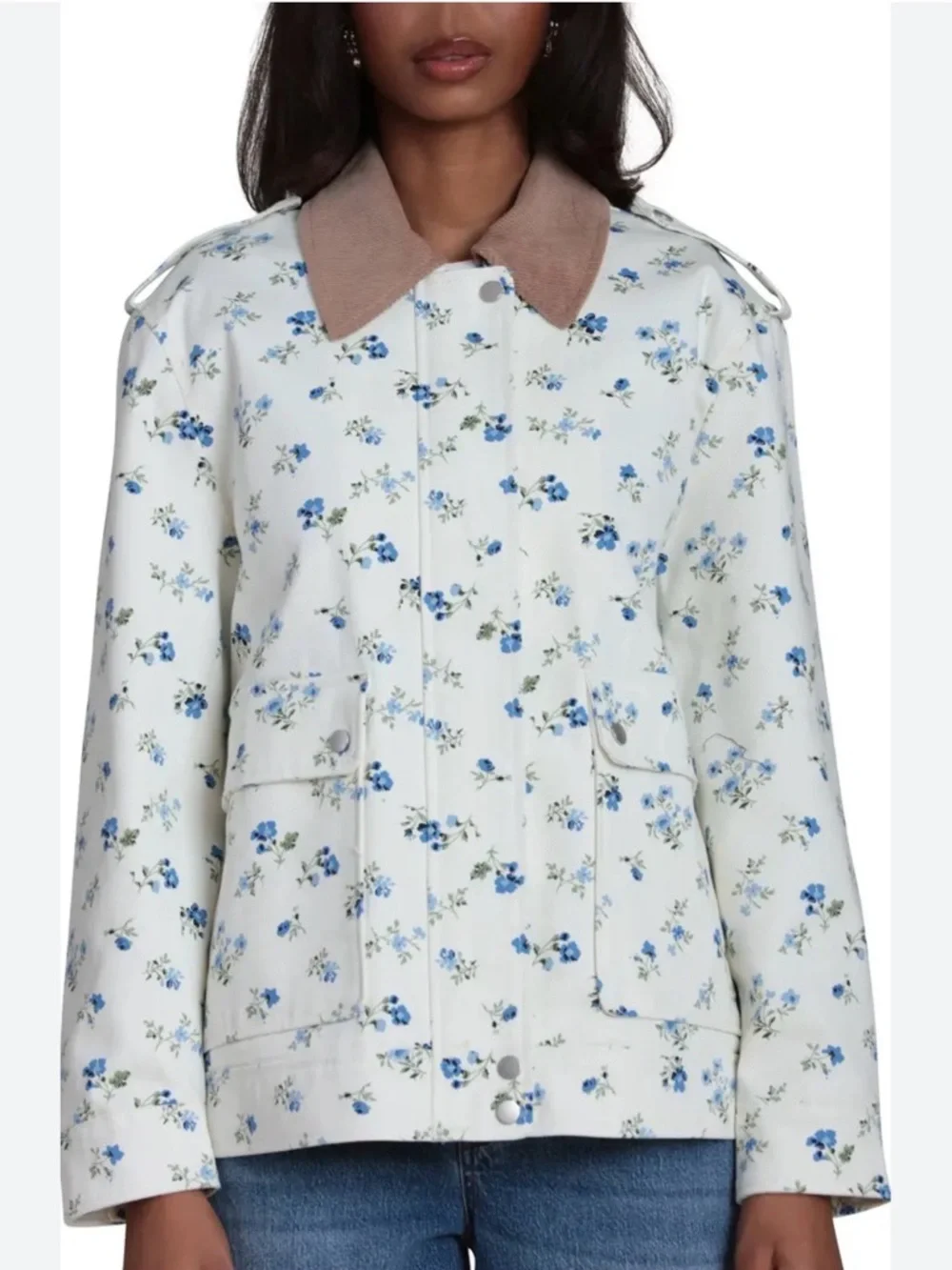 Bagatelle oversized Mixed Media Twill Floral Print Denim Jacket size small - Picture 2 of 15